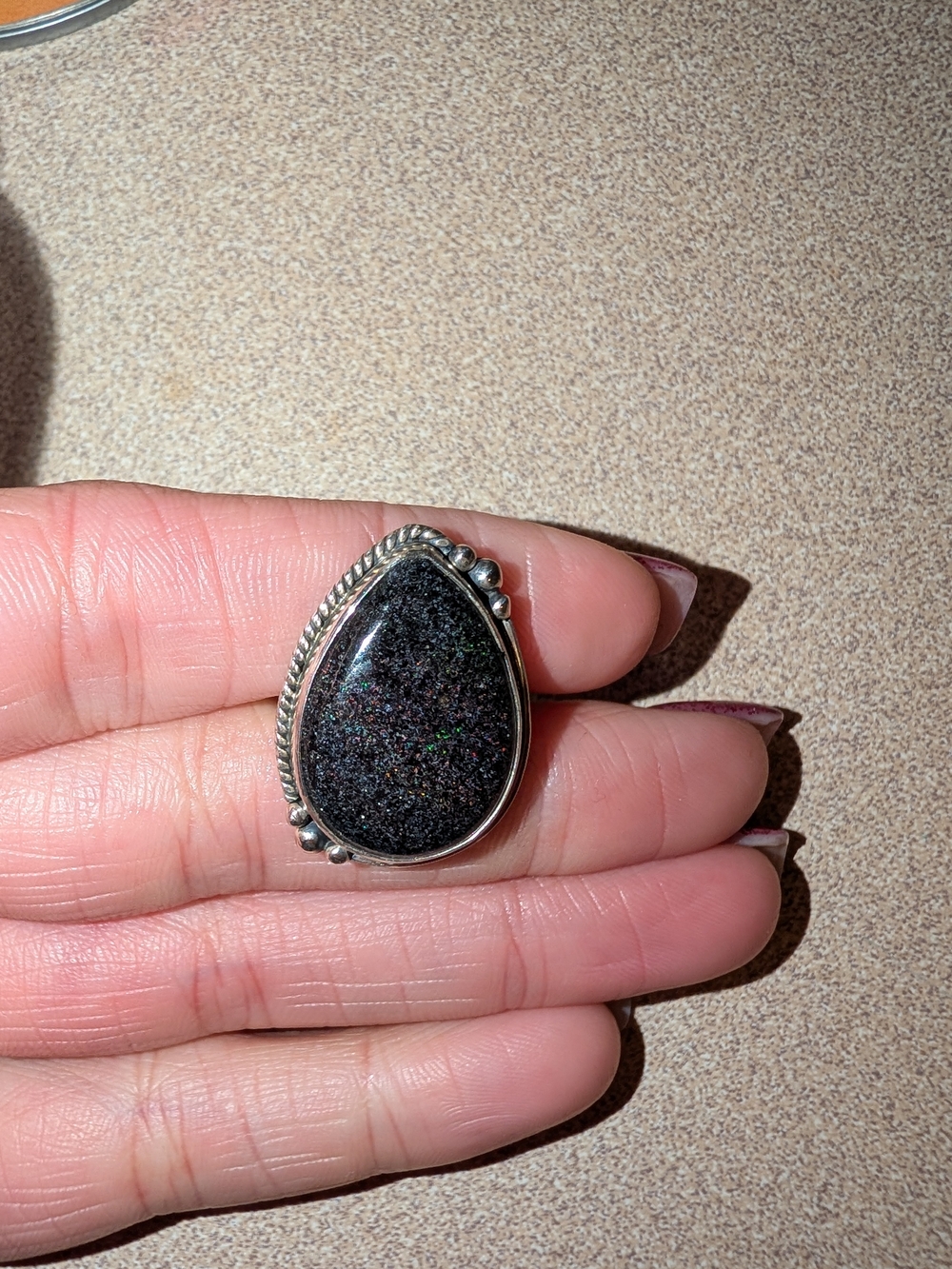 Black Teardrop Stone Sterling Silver Ring